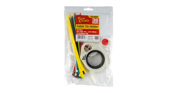 Tork Craft TCCTH001 Cable Tie Holder 38mm & Carabiner Clip Lumin Material With 50pc Assorted Cable Ties 2.5 x 150mm product image